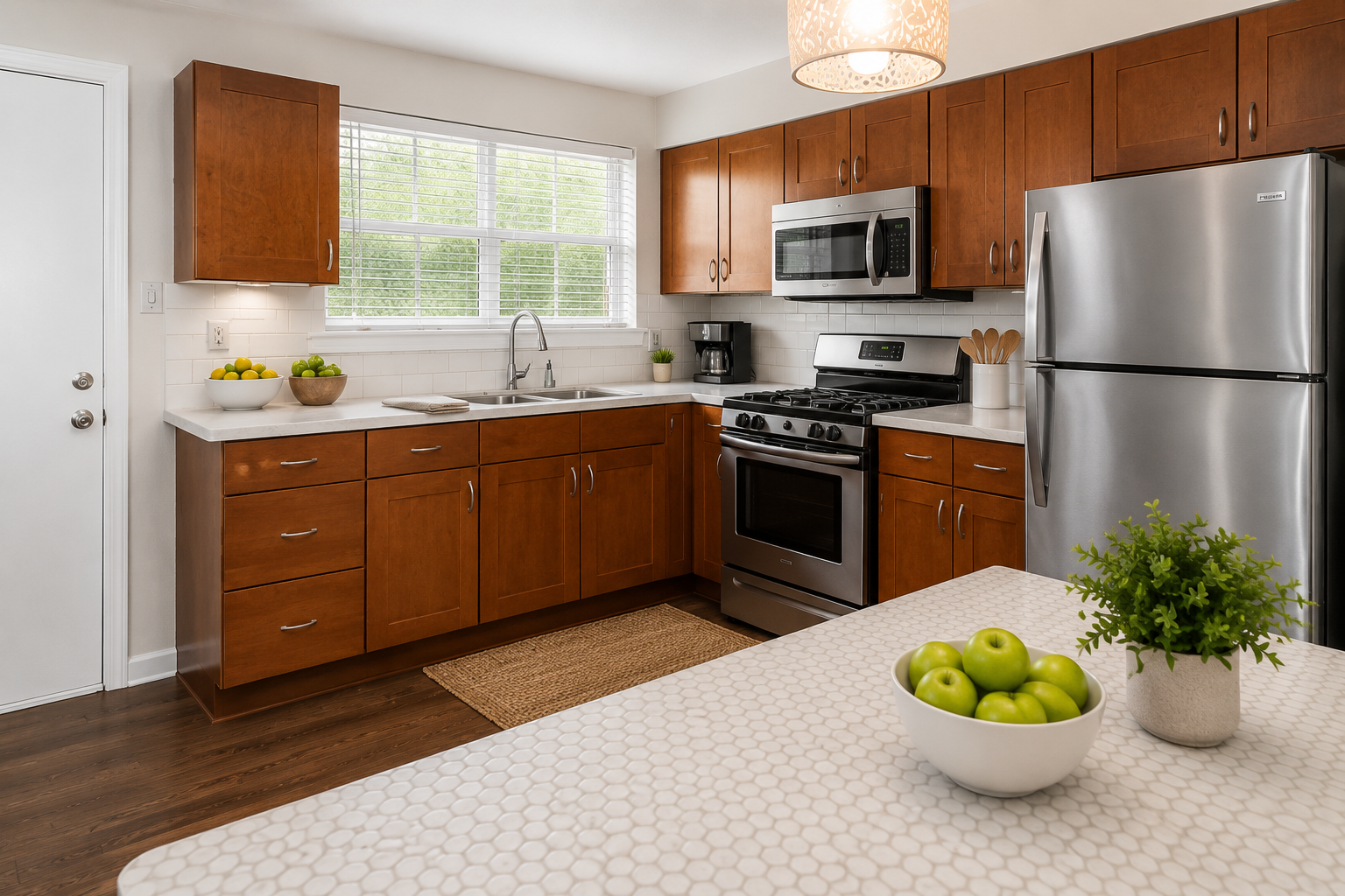 Urban Star Apartments kitchen with wood cabinets and stainless appliances
