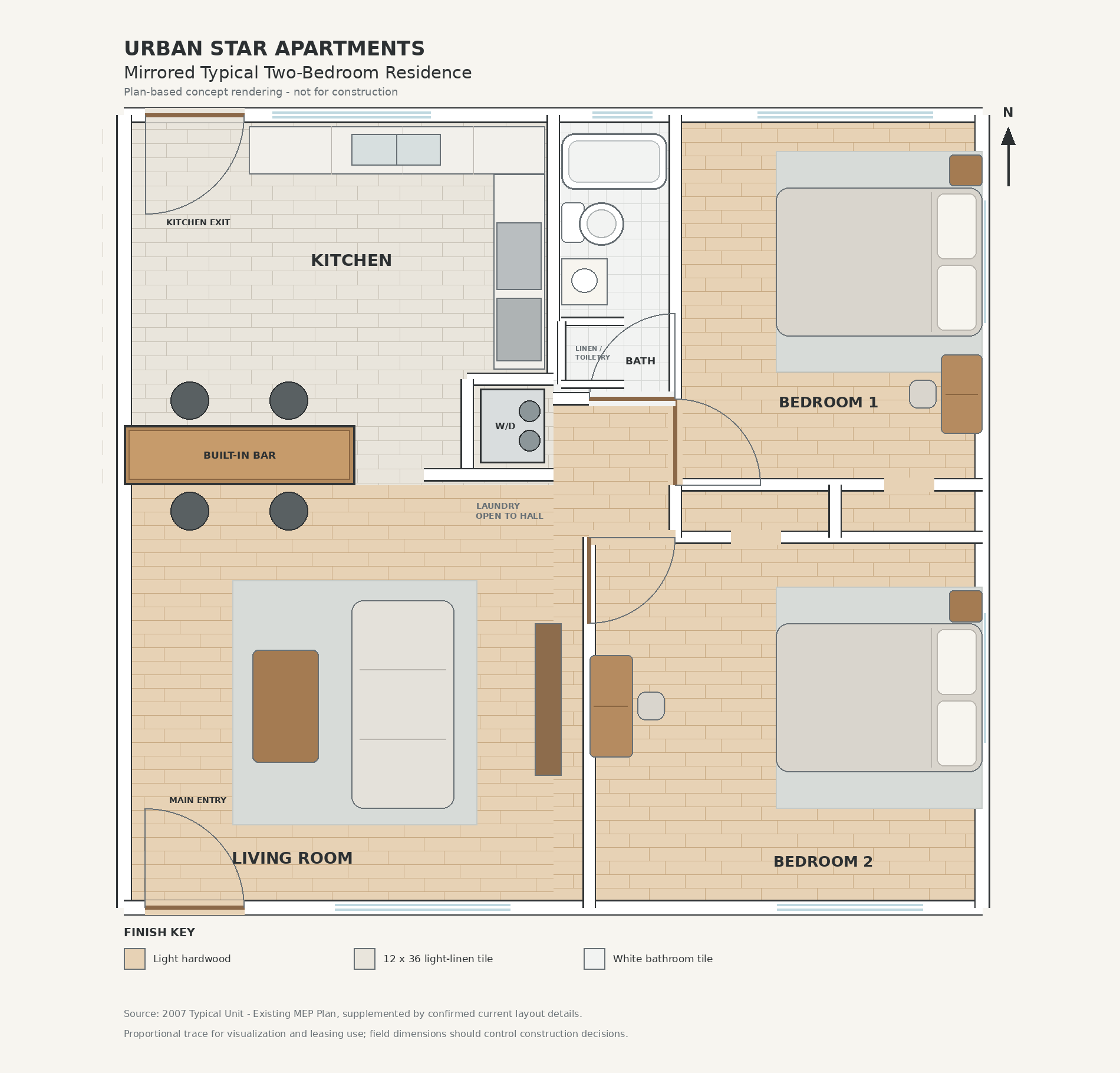 Mirrored typical Urban Star Apartments two-bedroom floor plan